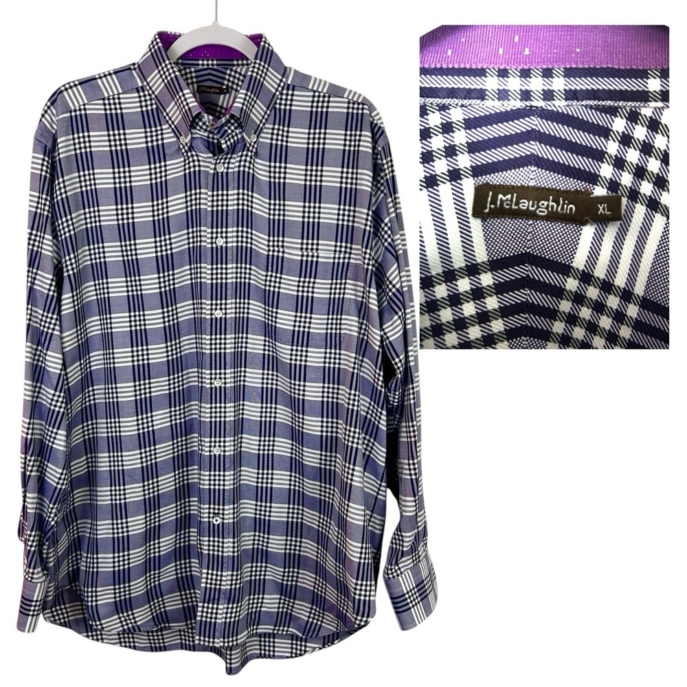 J. MCLAUGHLIN Mens Purple White Plaid Button Down Shirt XL 100% Cotton Preppy